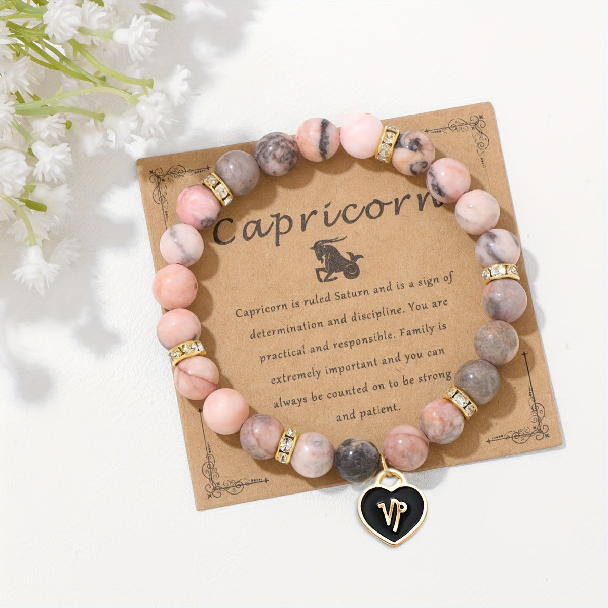 Capricorn Zodiac Bracelet - Genuine Pink Zebra Stone Birthstone Bracelet for Women, Personalized Astrology Gift