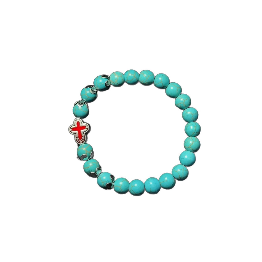 Turquoise Cross Protection Bracelet - Stretchable Natural Stone Beads Bracelet for Men & Women