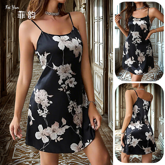 Hot-Selling Ice Silk Nightdress Summer Outerwear Sexy Mid-Length Thin Breathable Strap Dress Imitation Silk Nightgown for Women627