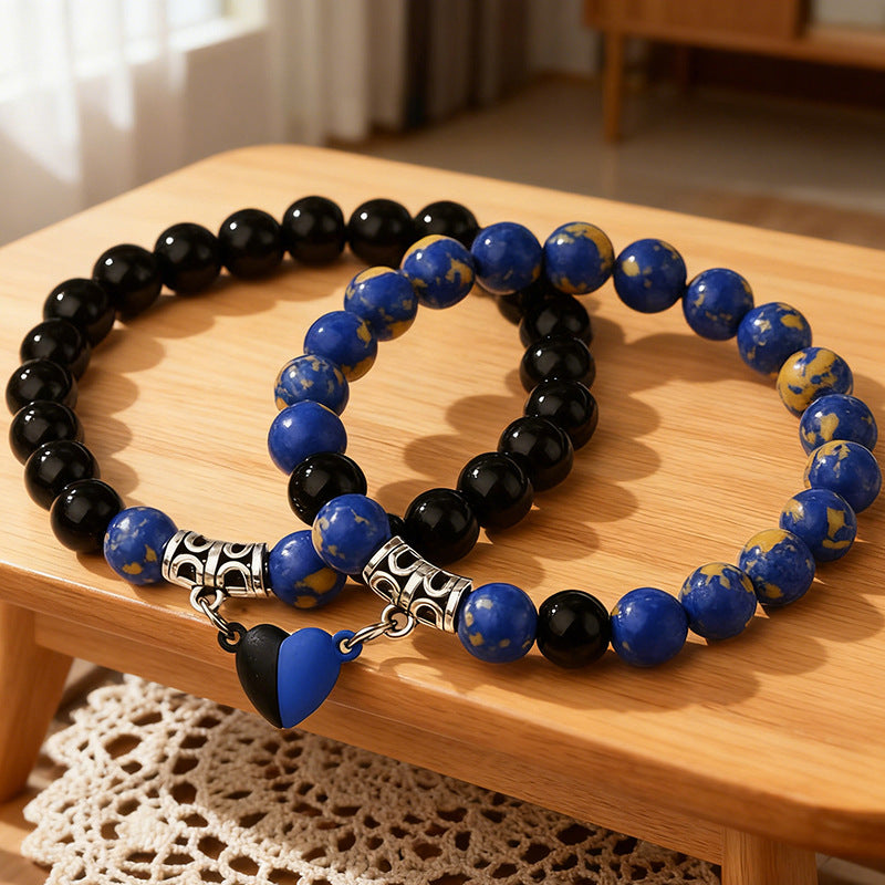 Natural Stone Energy Bracelets Set - Minimalist Stretch Bracelet with Heart Magnetic Clasp for Women (2 Pcs)