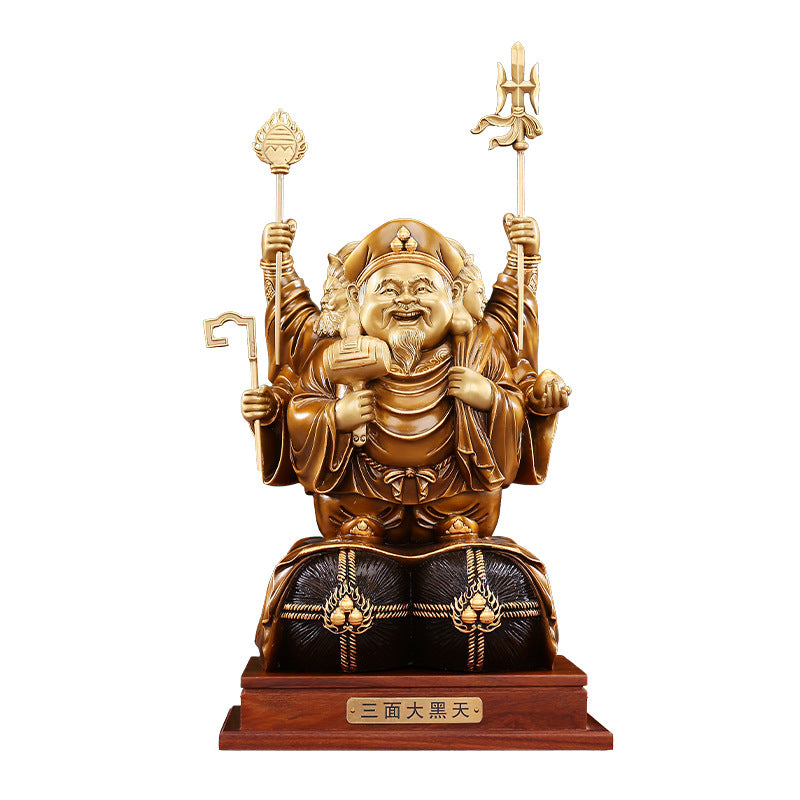 Brass Color-Cut Gold Large Three-Sided Black Heavenly God of Wealth Bronze Statue Home Decoration Craft Ornament
