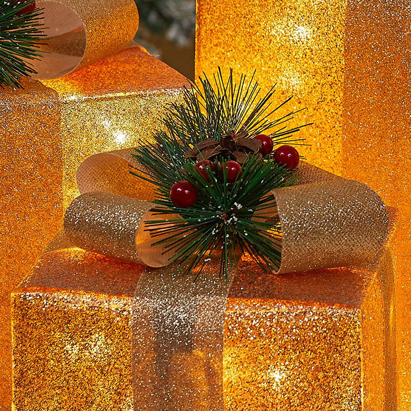 Christmas Decoration Iron Art Lighted Gift Box Window Display Glowing Gift Box Three-Piece Set Christmas Tree Decoration Ornament