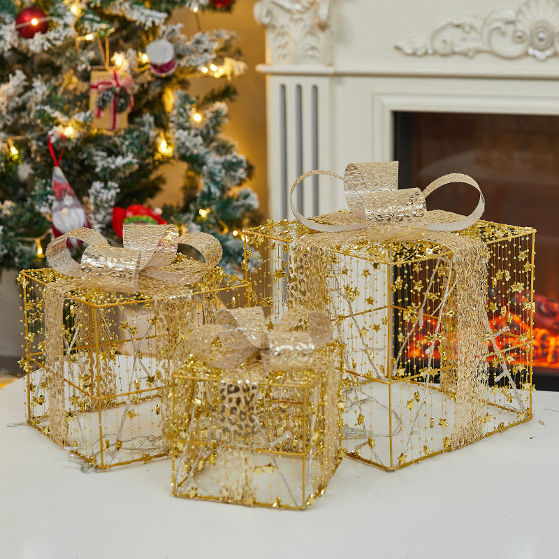 Christmas Decoration Glowing Gift Box Under the Christmas Tree Star Hollow Iron Art Gift Box Window Display Gift Box Ornament