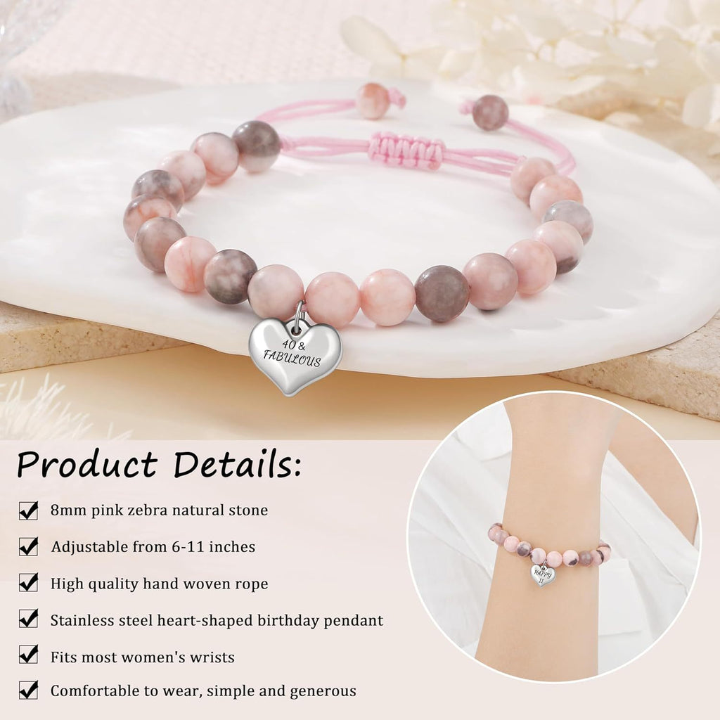 Sweet 18 Birthday Bracelet for Daughter - Personalized Heart Pink Zebra Stone adjustable Gift for 18th Birthday