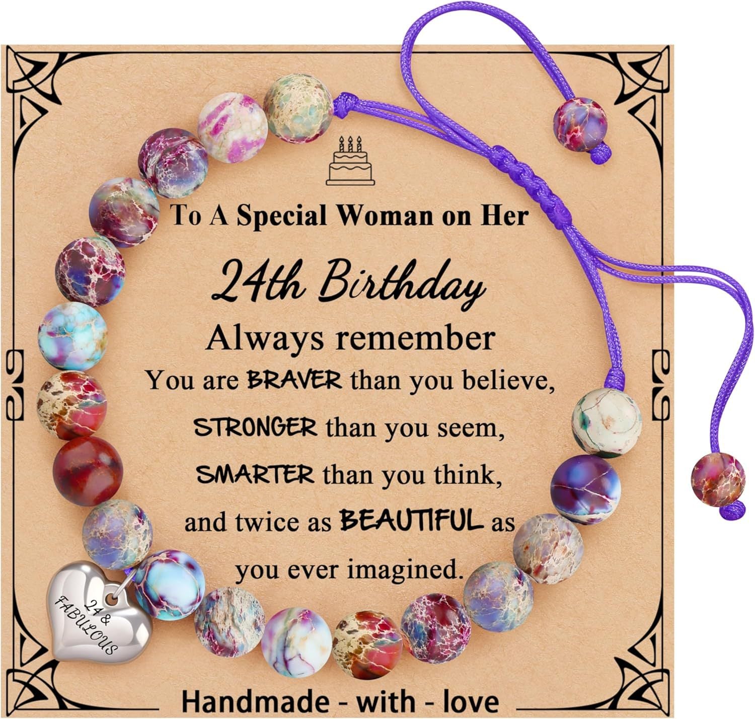 Sweet 18 Birthday Bracelet for Daughter - Personalized Heart Pink Zebra Stone adjustable Gift for 18th Birthday