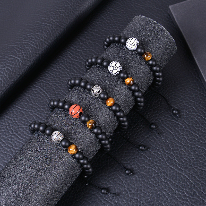 Men's Sports Bracelet with Tiger Eye - Adjustable Black Bead String Bracelet for Basketball Soccer Tennis Players, Gift for Him