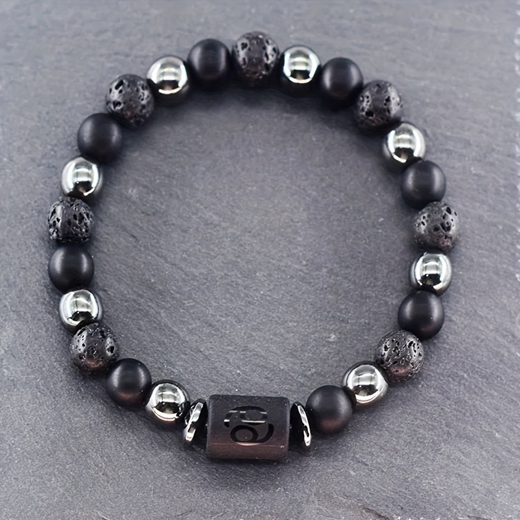 12 Zodiac Signs Bracelets Set for Men - Black Obsidian Lava Stone Elastic Beads Astrology Collection
