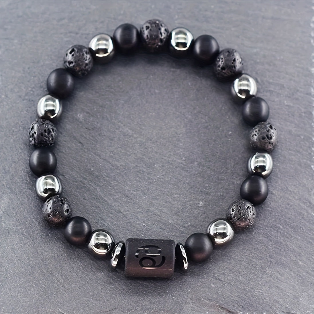 12 Zodiac Signs Bracelets Set for Men - Black Obsidian Lava Stone Elastic Beads Astrology Collection