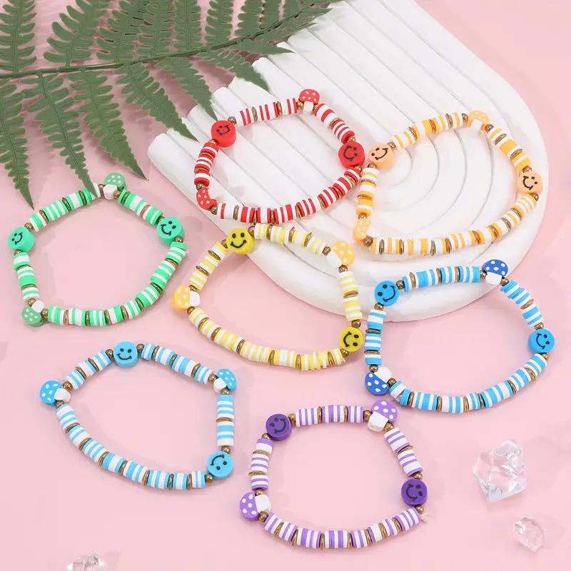 Kids Polymer Clay Bracelet Set - Smiley Face & Mushroom Adjustable Bracelets for Girls Boys, Fun Party Favors