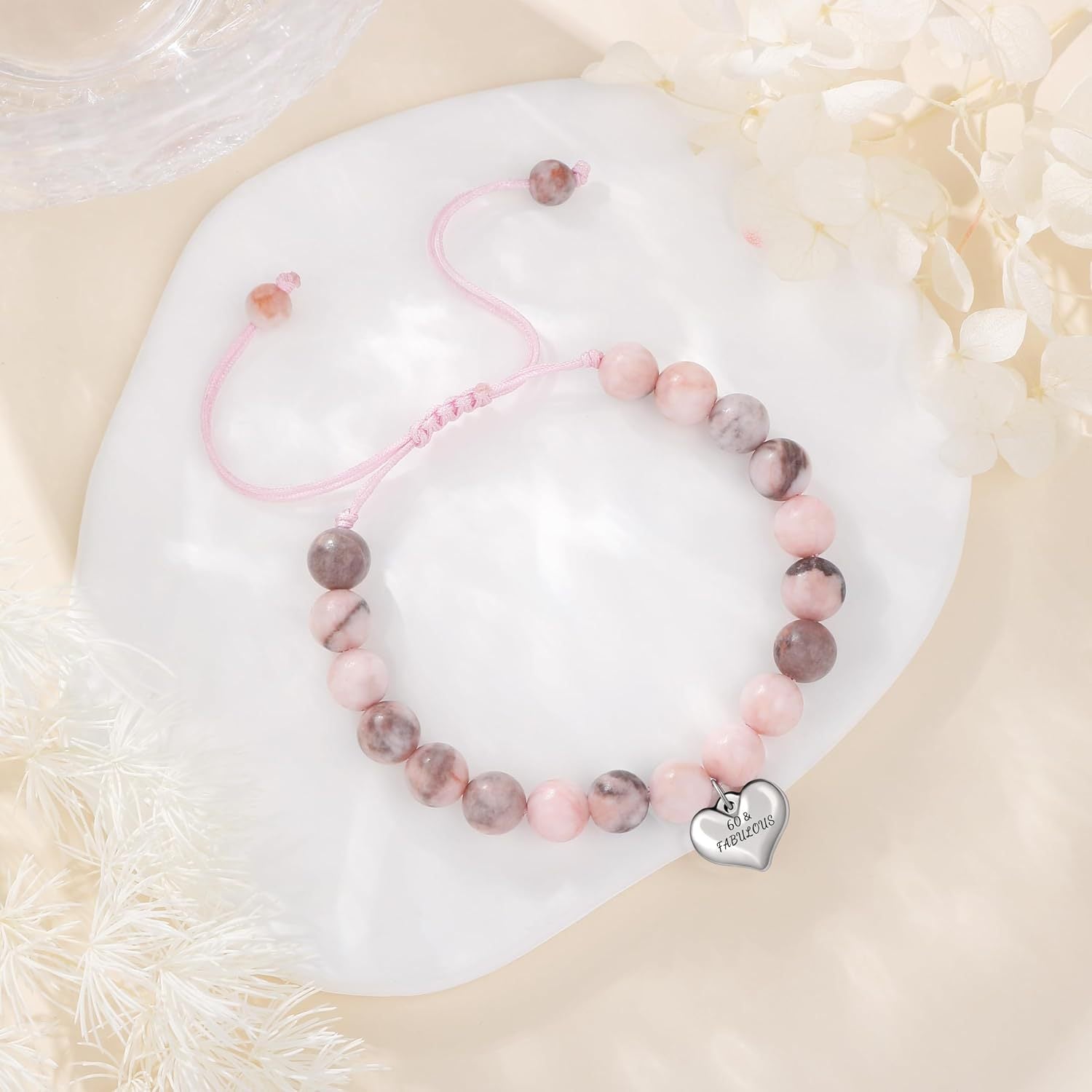 Sweet 18 Birthday Bracelet for Daughter - Personalized Heart Pink Zebra Stone adjustable Gift for 18th Birthday
