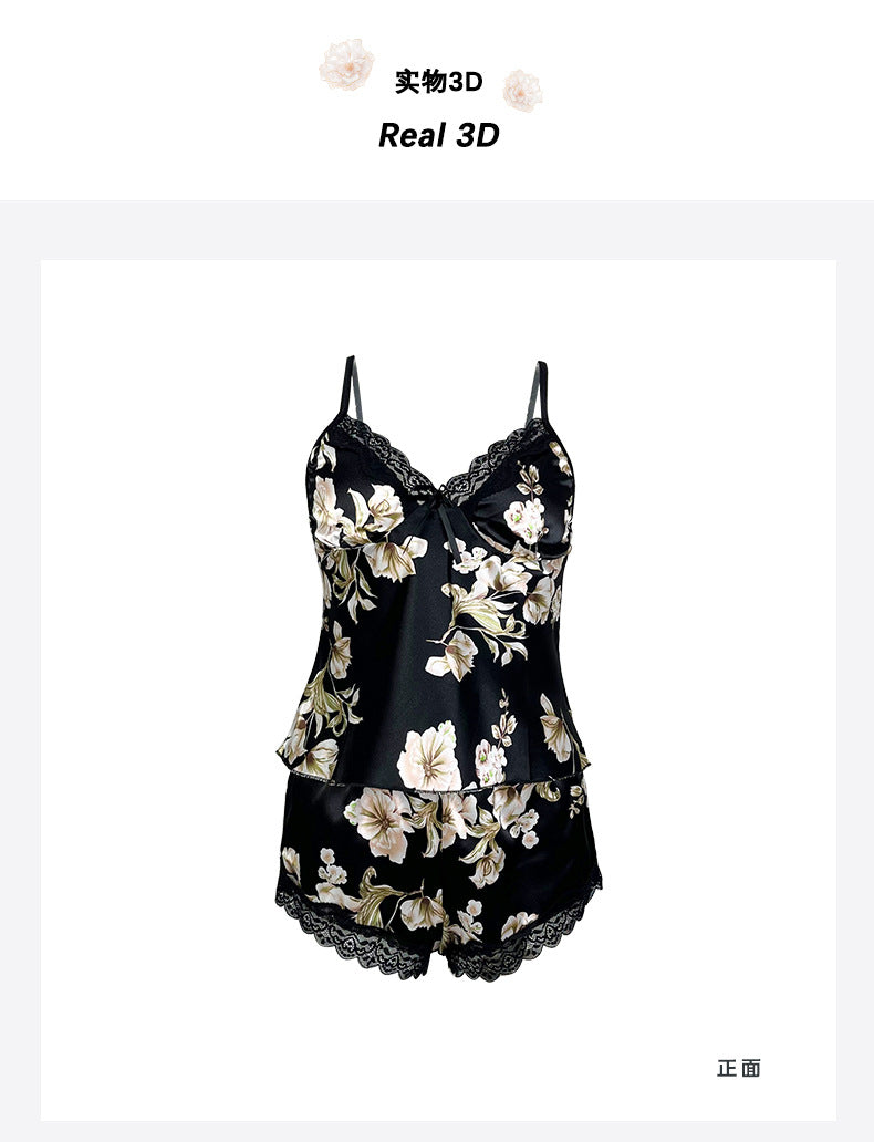 New Style Ice Silk Printed Breathable Thin Shorts Women's Loungewear Faux Silk Camisole Top Sexy Pajamas488
