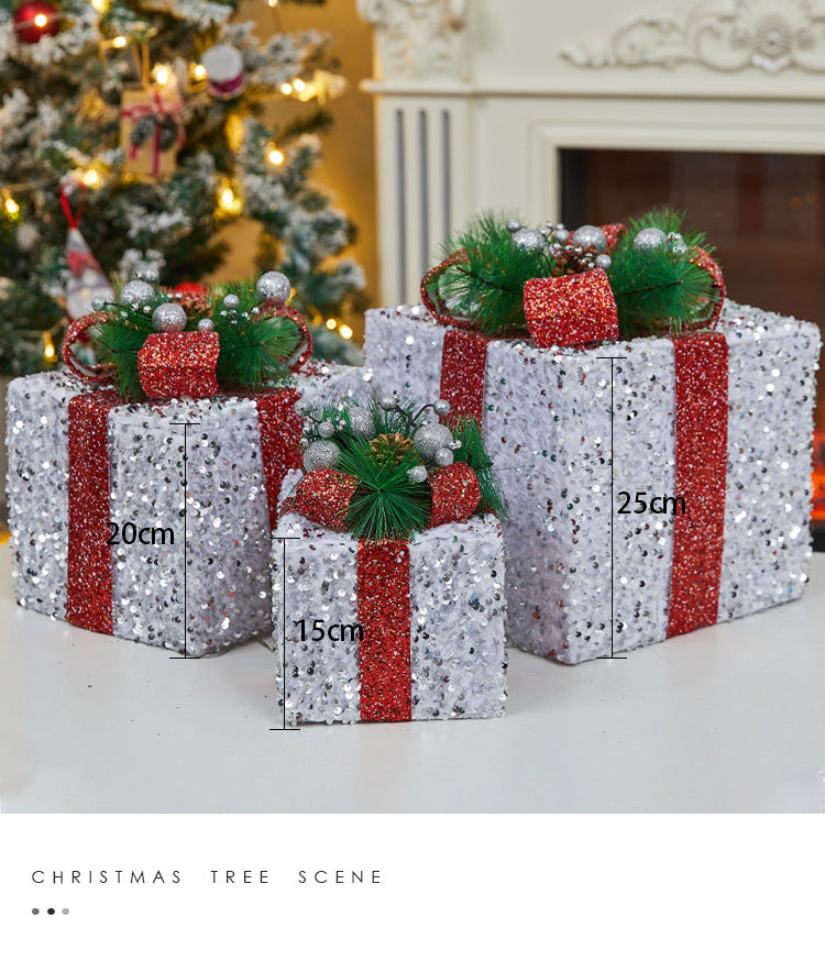 Christmas Decoration Iron Art Sequin Gift Box Glowing Under Christmas Tree Gift Box Three-Piece Set Window Display Decoration