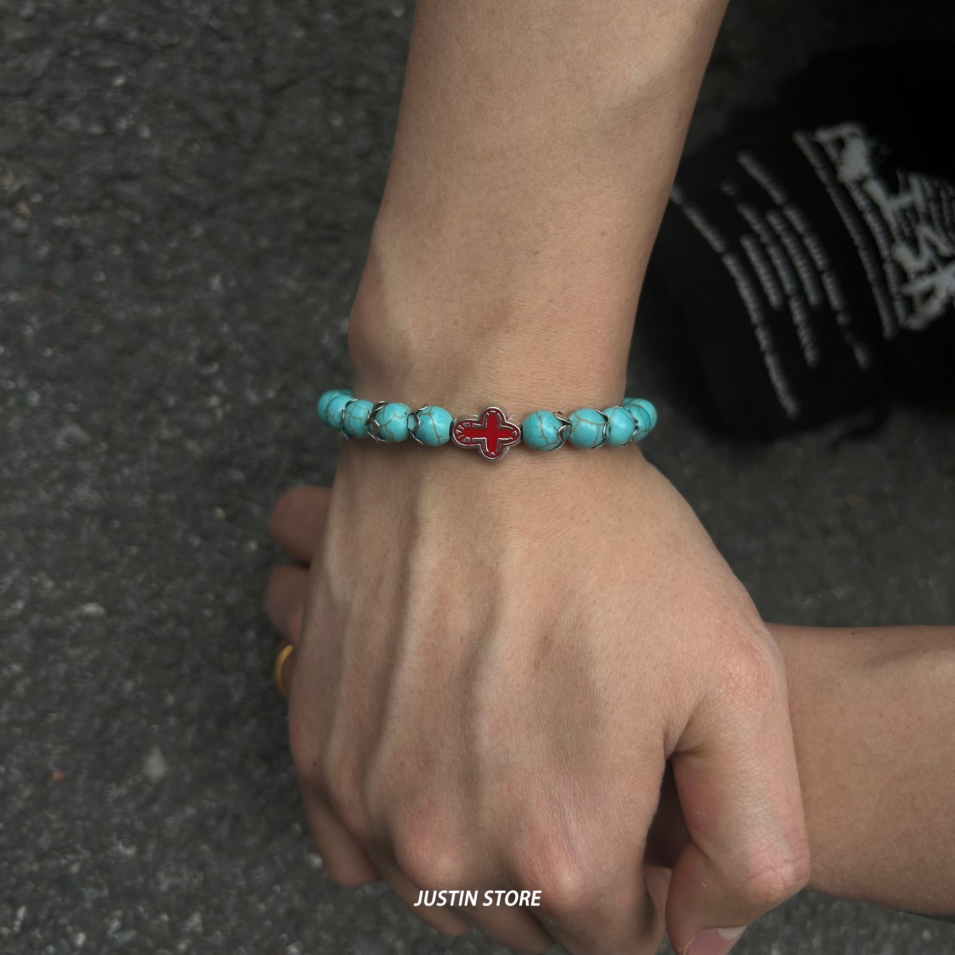 Turquoise Cross Protection Bracelet - Stretchable Natural Stone Beads Bracelet for Men & Women