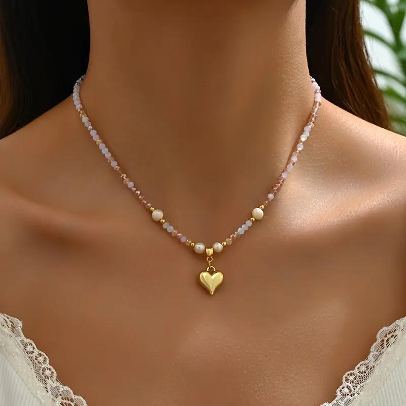Natural Pearl & Crystal Heart Necklace - Dainty Gold Pendant Choker for Women, Elegant Gift