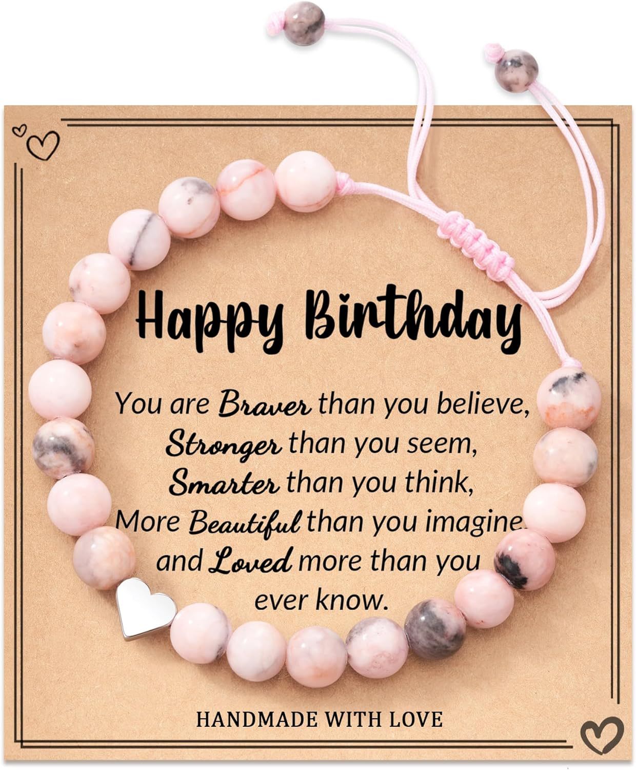 Courage Affirmation Bracelet - Pink Zebra Stone Elastic Bead Bracelet, Handmade Gift of Love & Strength