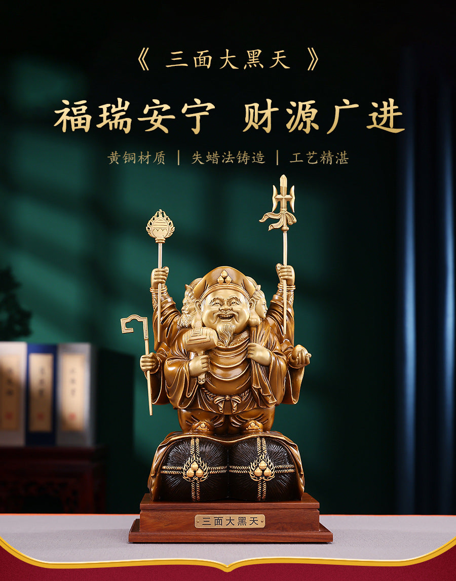 Brass Color-Cut Gold Large Three-Sided Black Heavenly God of Wealth Bronze Statue Home Decoration Craft Ornament