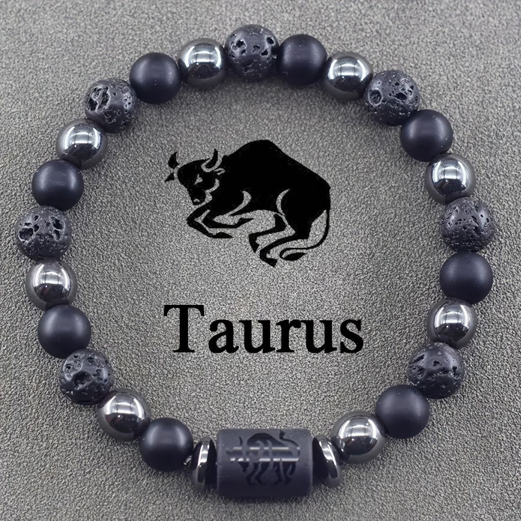 12 Zodiac Signs Bracelets Set for Men - Black Obsidian Lava Stone Elastic Beads Astrology Collection