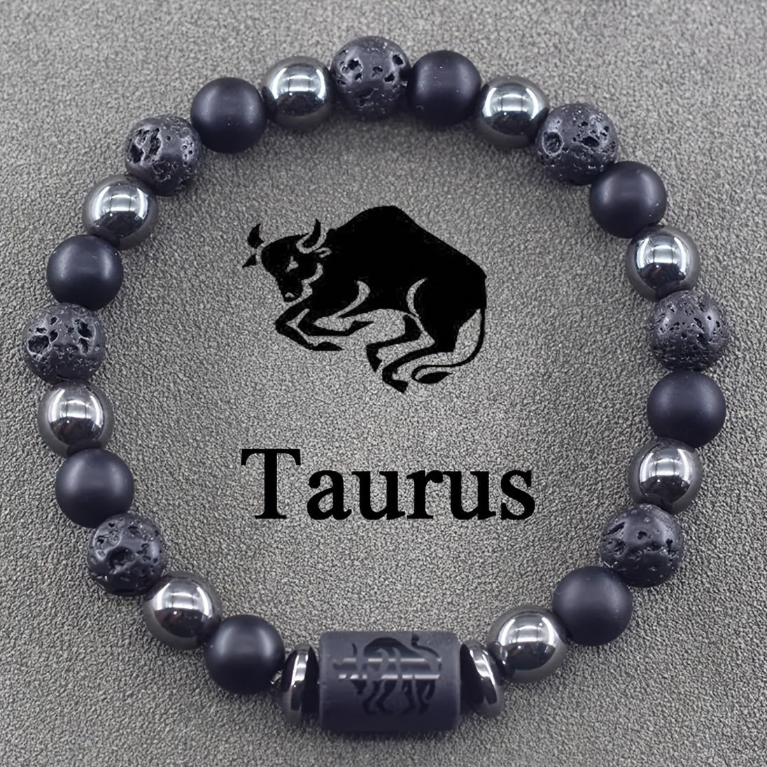 12 Zodiac Signs Bracelets Set for Men - Black Obsidian Lava Stone Elastic Beads Astrology Collection