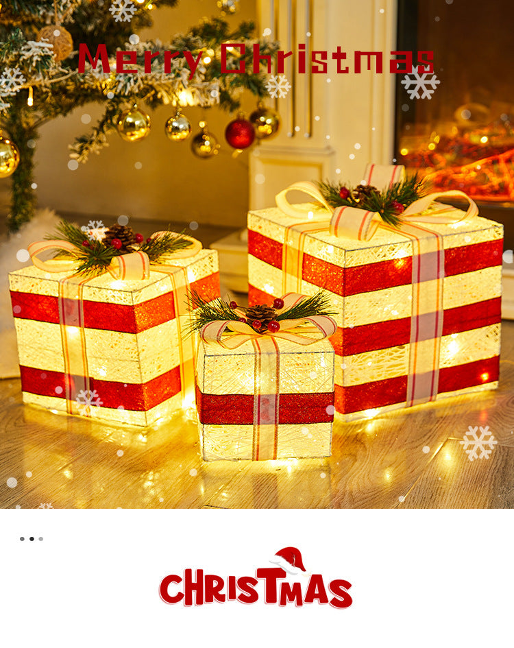 Christmas Decoration Iron Art Gift Box with Lights, Three-Piece Set Gift Box for Under the Christmas Tree Decoration