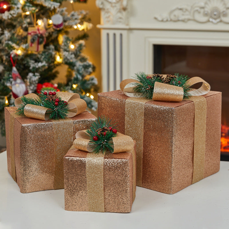 Christmas Decoration Iron Art Lighted Gift Box Window Display Glowing Gift Box Three-Piece Set Christmas Tree Decoration Ornament