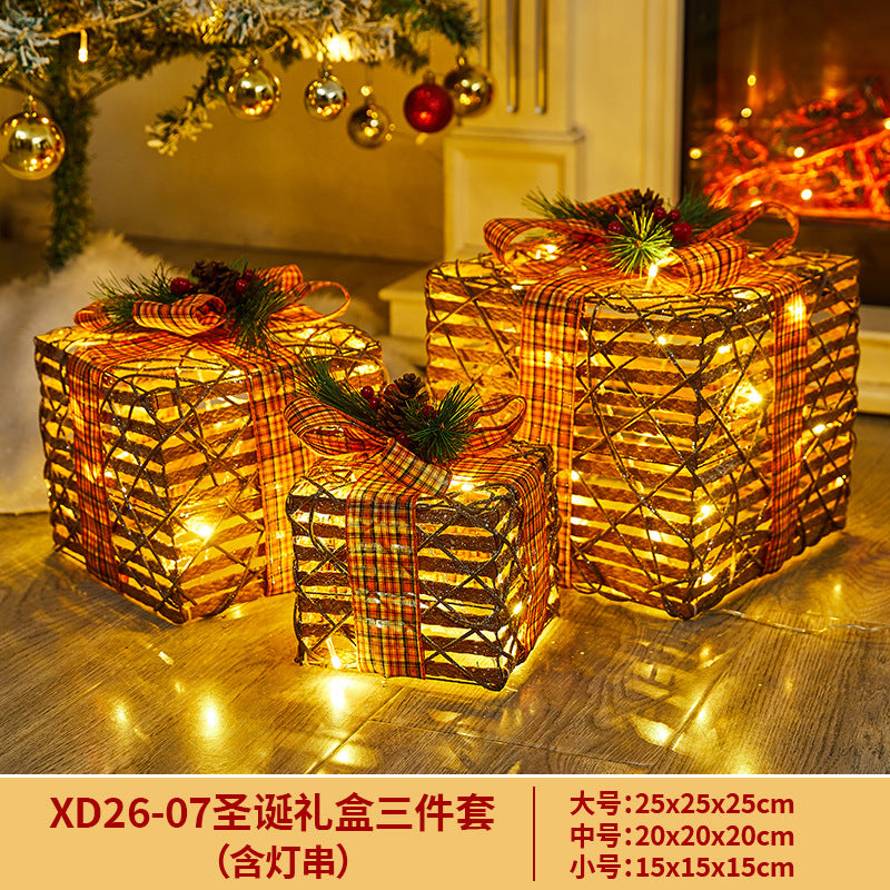 Christmas Decoration Iron Art Gift Box with Lights, Three-Piece Set Gift Box for Under the Christmas Tree Decoration