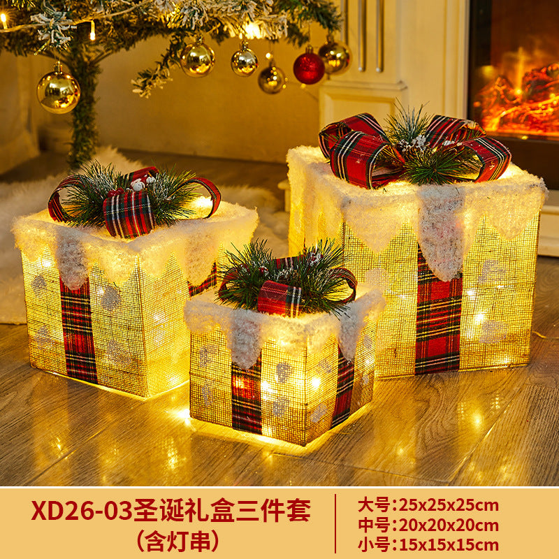 Christmas Decoration Iron Art Gift Box with Lights, Three-Piece Set Gift Box for Under the Christmas Tree Decoration