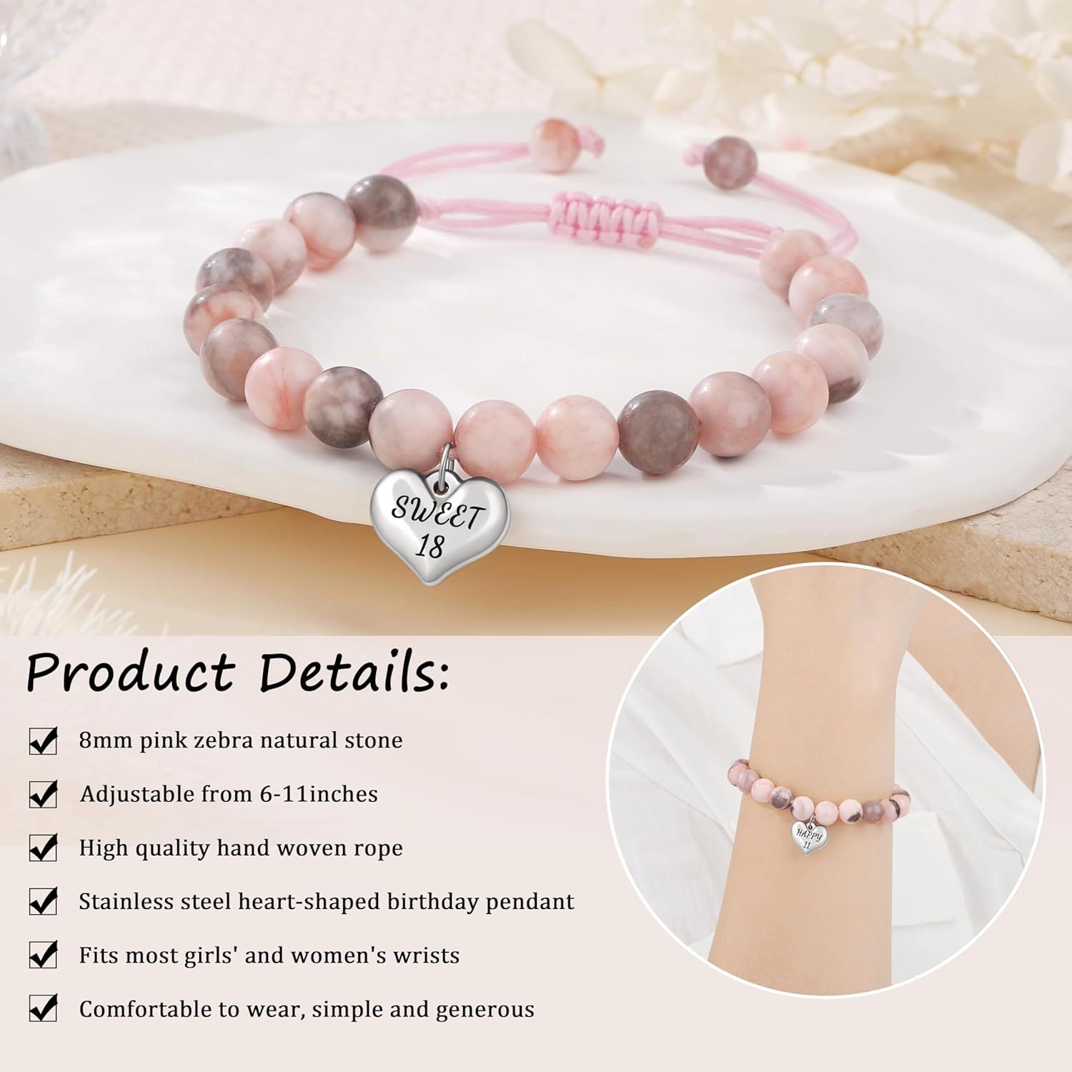 Sweet 18 Birthday Bracelet for Daughter - Personalized Heart Pink Zebra Stone adjustable Gift for 18th Birthday