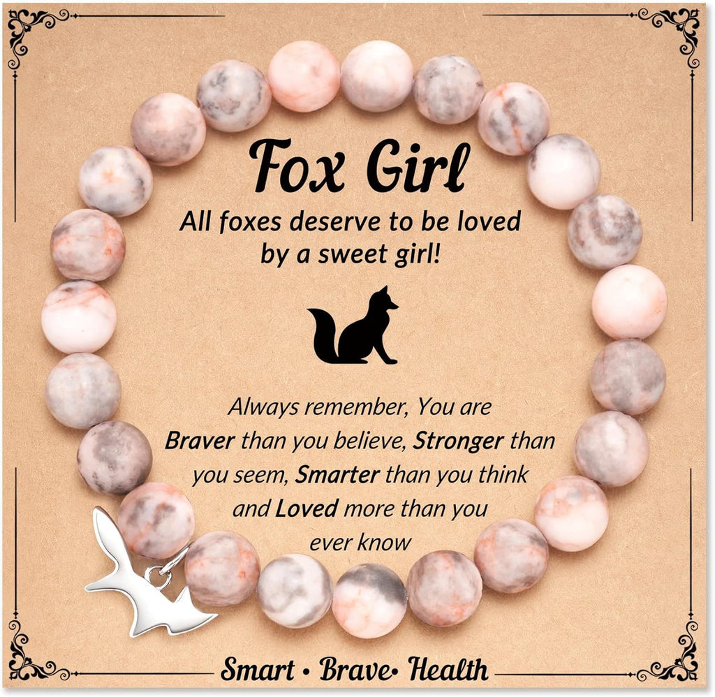 Fox Girl Charm Bracelet - Green Chrysoprase & Pink Zebra Stone Beaded Bracelet, Talisman for the Brave & Sweet