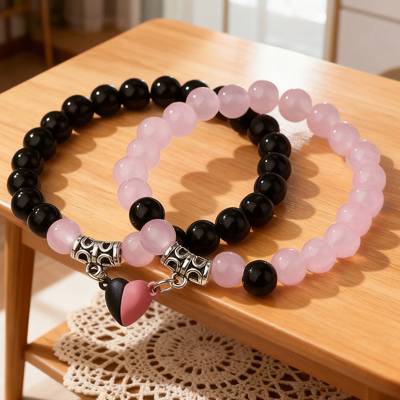 Natural Stone Energy Bracelets Set - Minimalist Stretch Bracelet with Heart Magnetic Clasp for Women (2 Pcs)