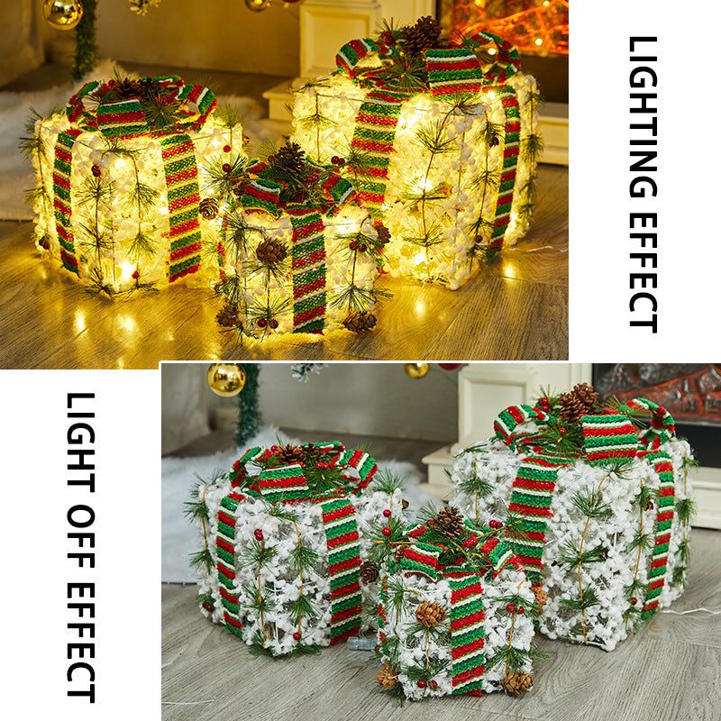 Christmas Decoration Iron Art Gift Box with Lights, Three-Piece Set Gift Box for Under the Christmas Tree Decoration