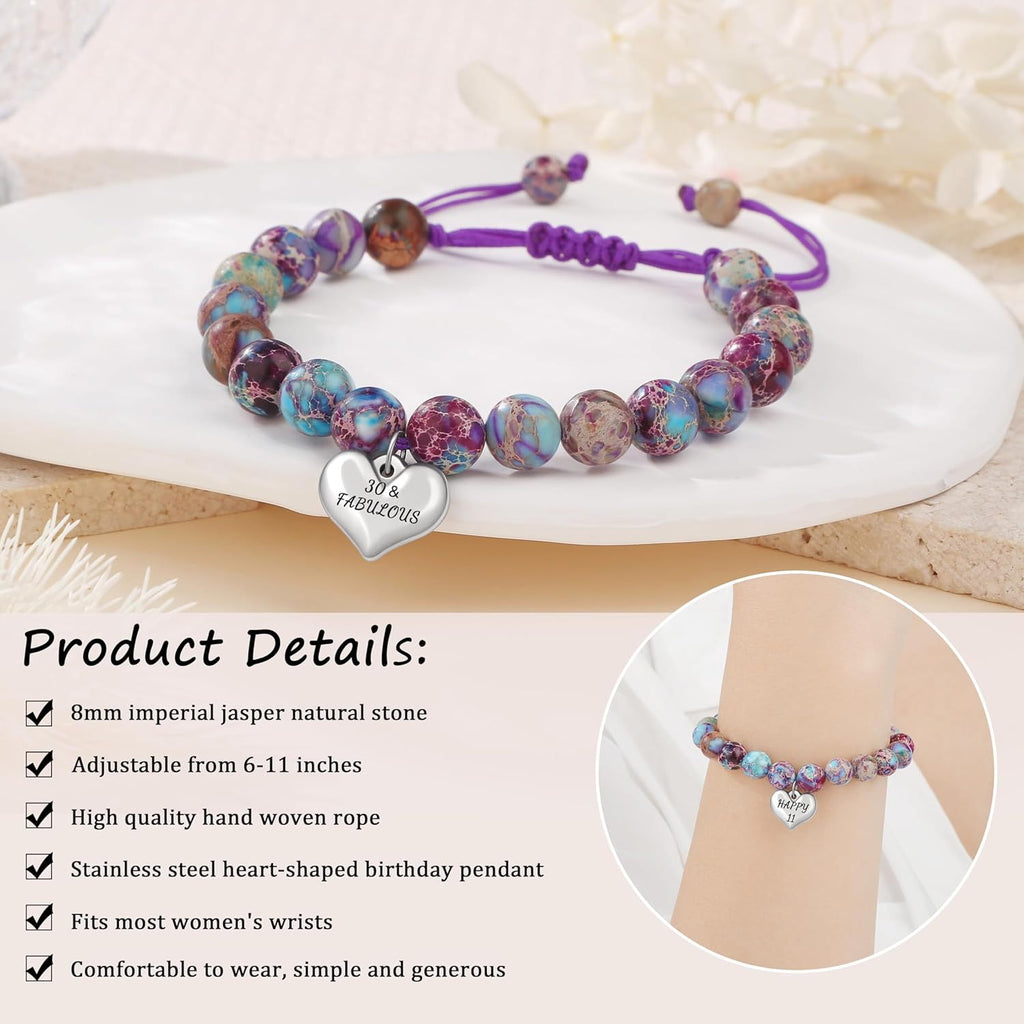 Sweet 18 Birthday Bracelet for Daughter - Personalized Heart Pink Zebra Stone adjustable Gift for 18th Birthday