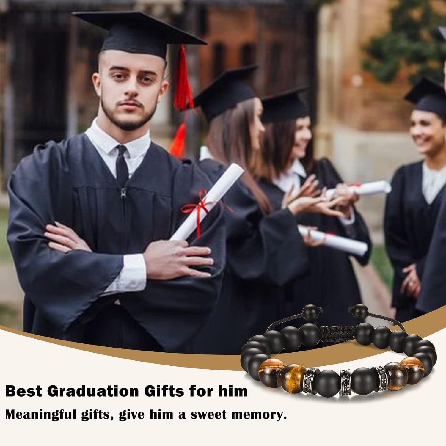 The Adventure Begins" Graduation Bracelet for Men - Tiger's Eye & Lava Stone Bead Bracelet, Gift for Grads