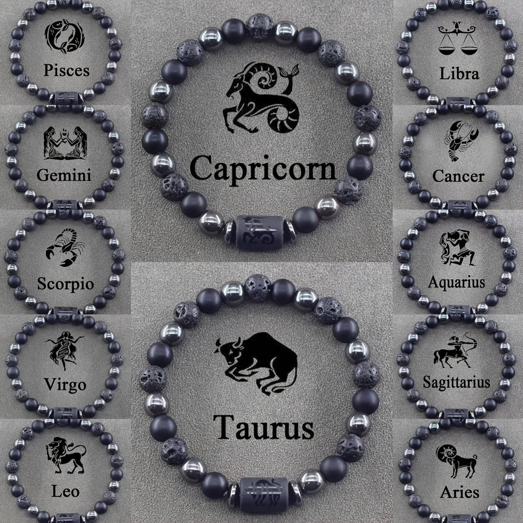 12 Zodiac Signs Bracelets Set for Men - Black Obsidian Lava Stone Elastic Beads Astrology Collection