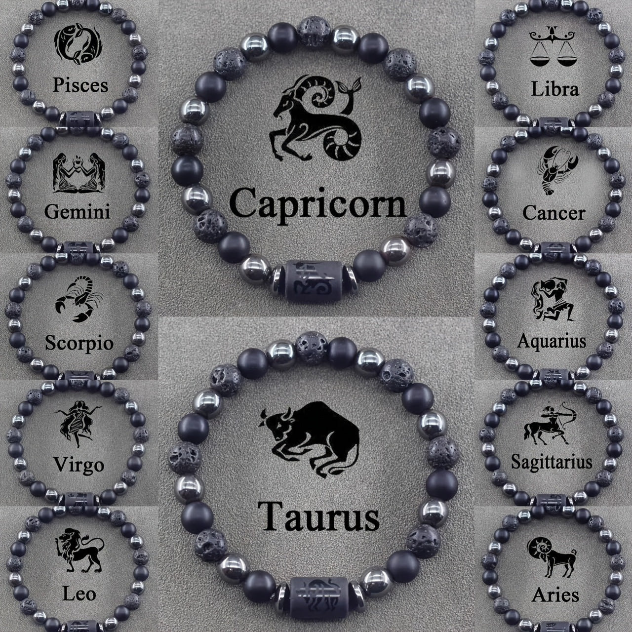 12 Zodiac Signs Bracelets Set for Men - Black Obsidian Lava Stone Elastic Beads Astrology Collection