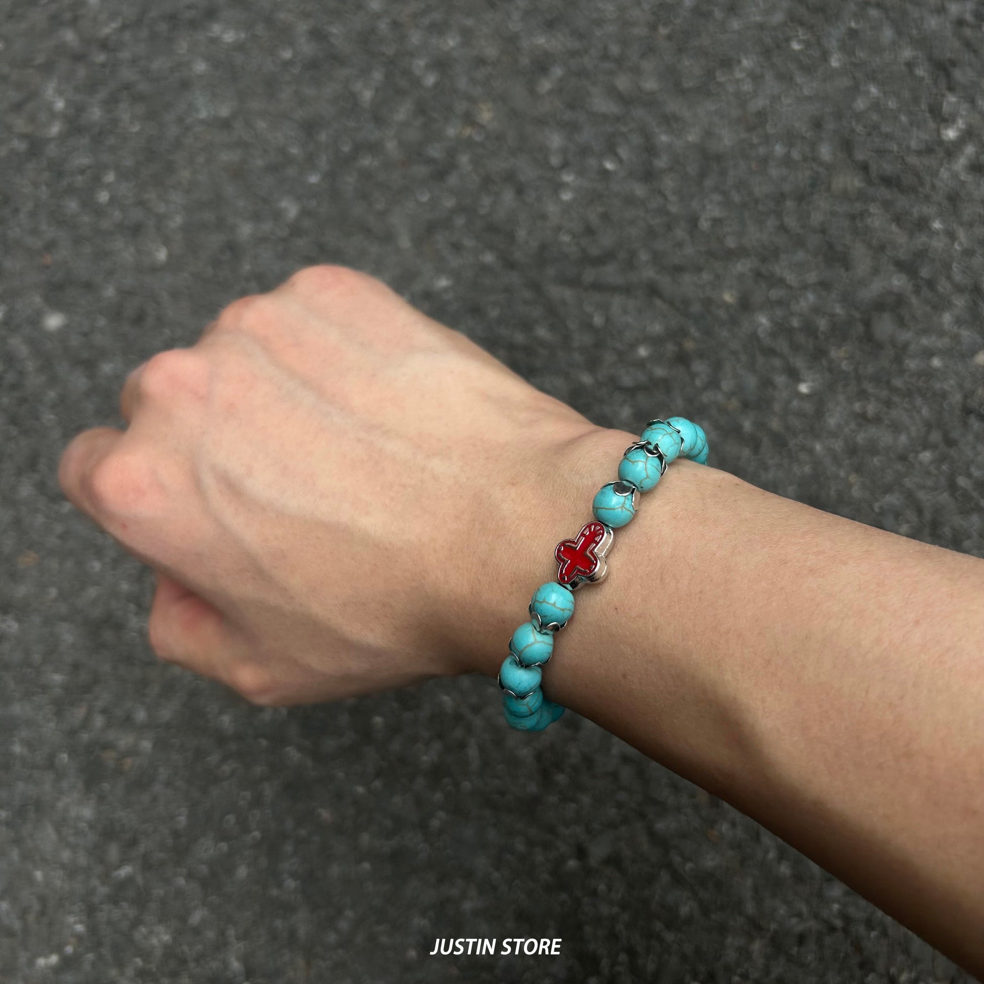 Turquoise Cross Protection Bracelet - Stretchable Natural Stone Beads Bracelet for Men & Women