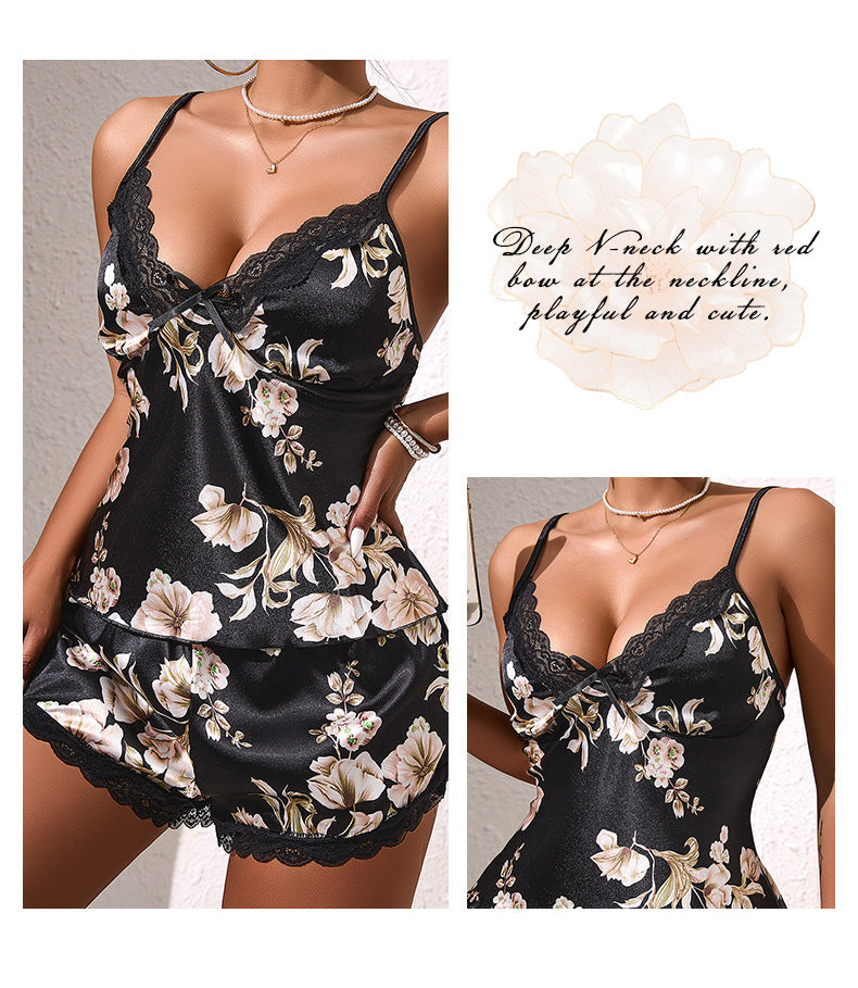 New Style Ice Silk Printed Breathable Thin Shorts Women's Loungewear Faux Silk Camisole Top Sexy Pajamas488