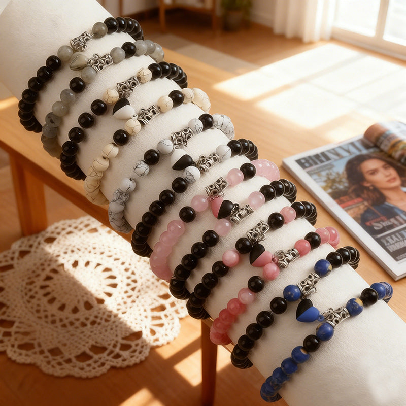 Natural Stone Energy Bracelets Set - Minimalist Stretch Bracelet with Heart Magnetic Clasp for Women (2 Pcs)