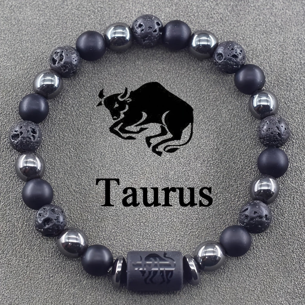 12 Zodiac Signs Bracelets Set for Men - Black Obsidian Lava Stone Elastic Beads Astrology Collection