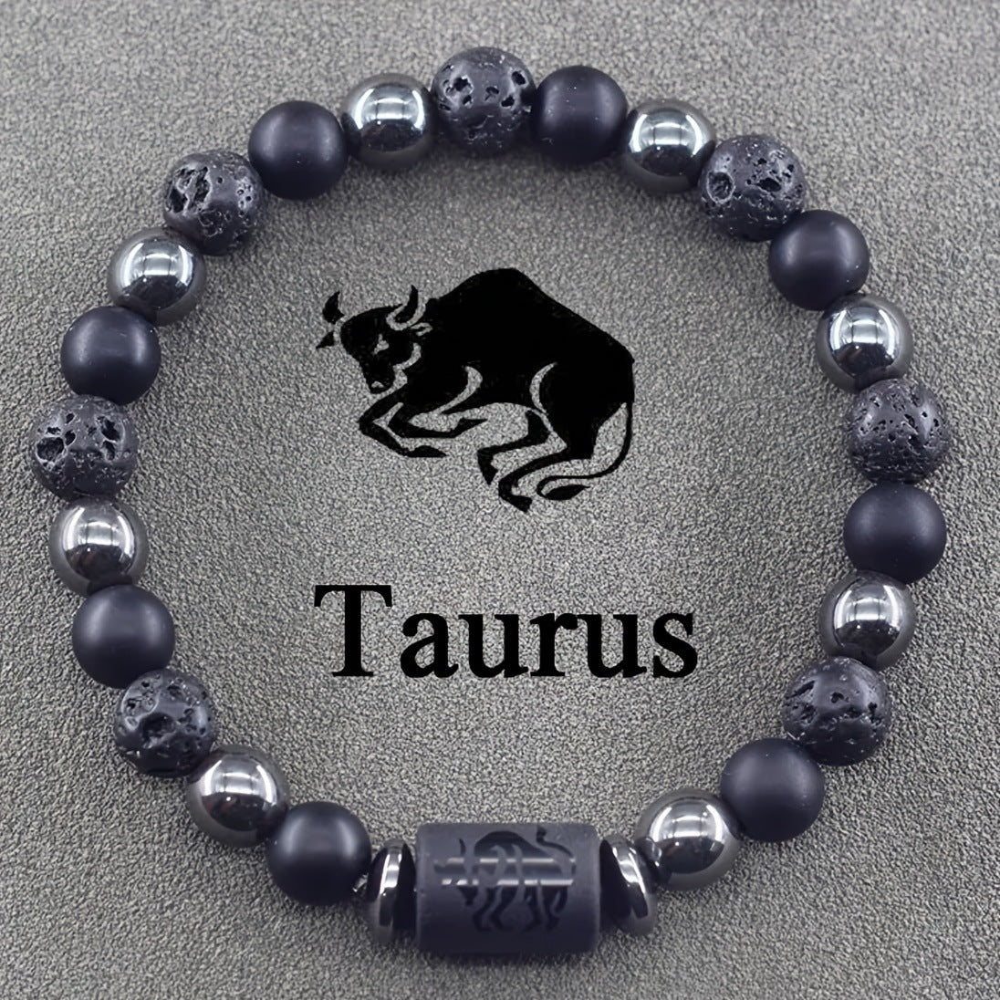12 Zodiac Signs Bracelets Set for Men - Black Obsidian Lava Stone Elastic Beads Astrology Collection
