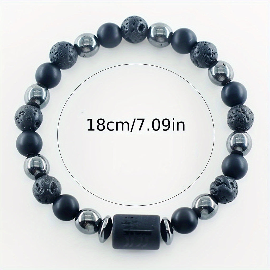 12 Zodiac Signs Bracelets Set for Men - Black Obsidian Lava Stone Elastic Beads Astrology Collection