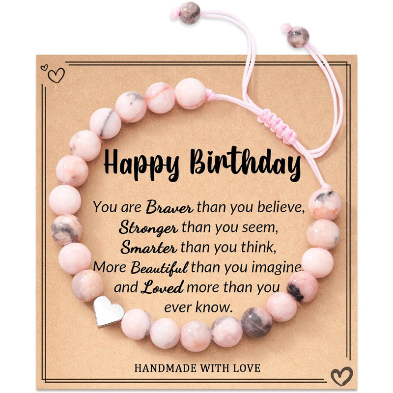 Courage Affirmation Bracelet - Pink Zebra Stone Elastic Bead Bracelet, Handmade Gift of Love & Strength