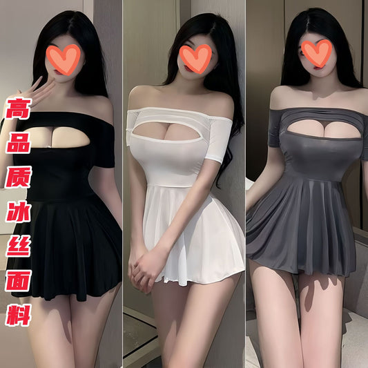 Ice Silk Lingerie Sexy Bedtime European and American Style No-Take-Off Uniform Sexy Passionate Temptation Nightdress A48