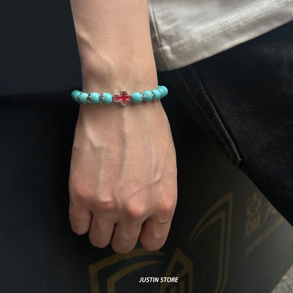 Turquoise Cross Protection Bracelet - Stretchable Natural Stone Beads Bracelet for Men & Women