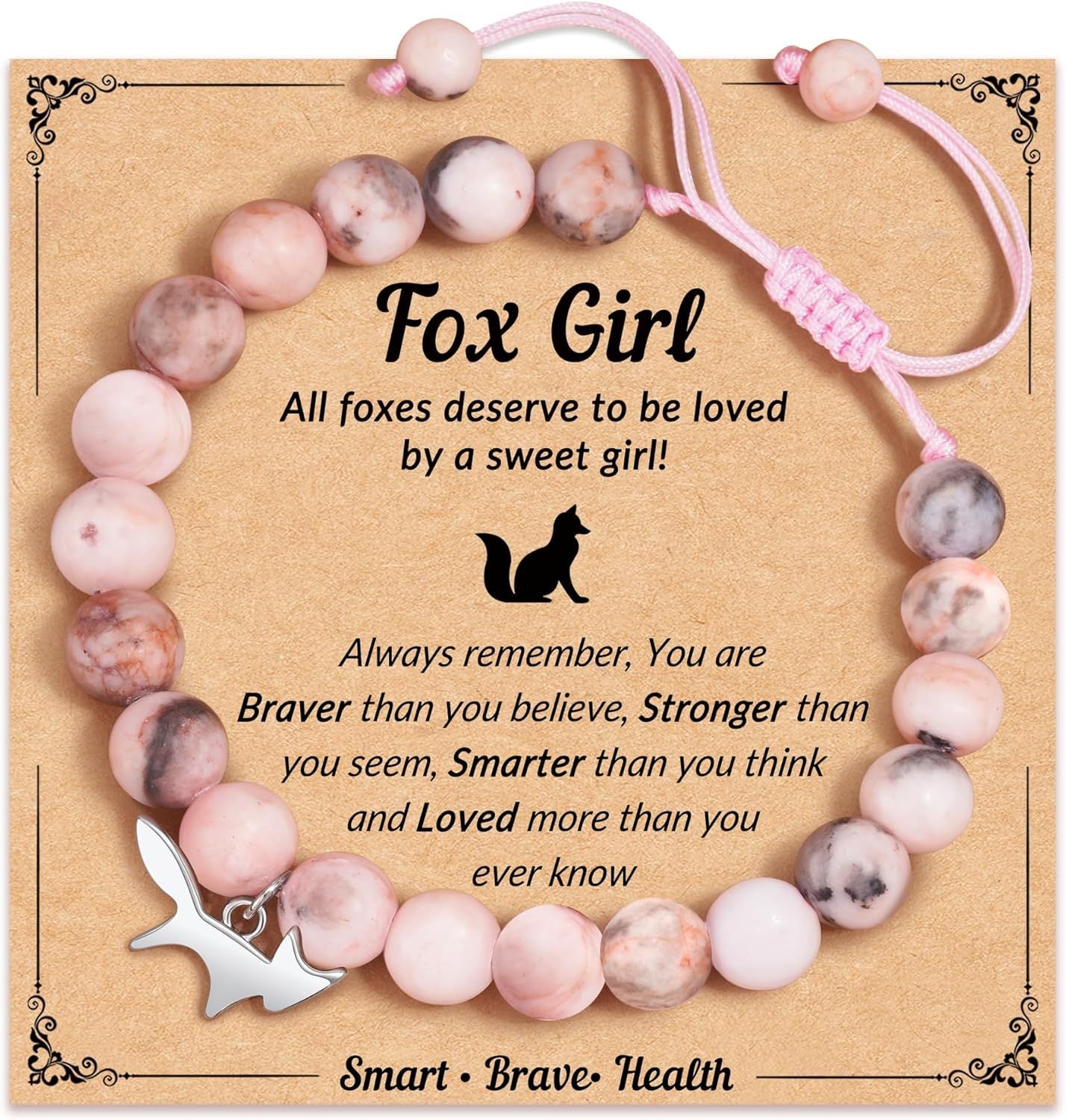 Fox Girl Charm Bracelet - Green Chrysoprase & Pink Zebra Stone Beaded Bracelet, Talisman for the Brave & Sweet