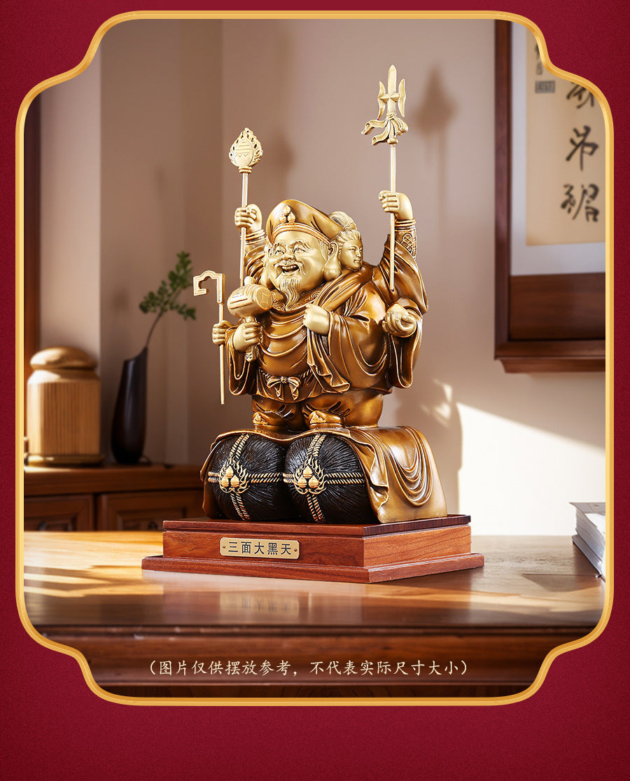 Brass Color-Cut Gold Large Three-Sided Black Heavenly God of Wealth Bronze Statue Home Decoration Craft Ornament