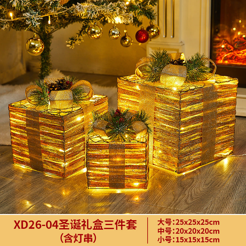 Christmas Decoration Iron Art Gift Box with Lights, Three-Piece Set Gift Box for Under the Christmas Tree Decoration
