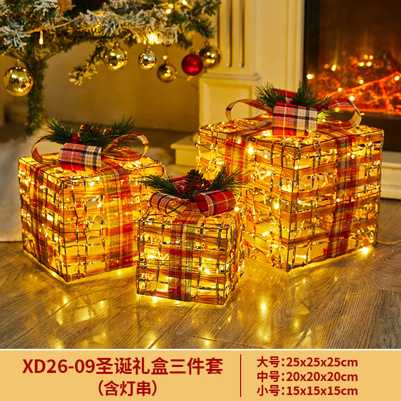 Christmas Decoration Iron Art Gift Box with Lights, Three-Piece Set Gift Box for Under the Christmas Tree Decoration