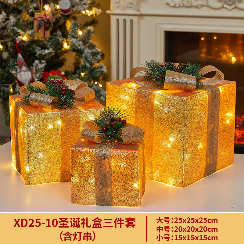 Christmas Decoration Iron Art Sequin Gift Box Glowing Under Christmas Tree Gift Box Three-Piece Set Window Display Decoration