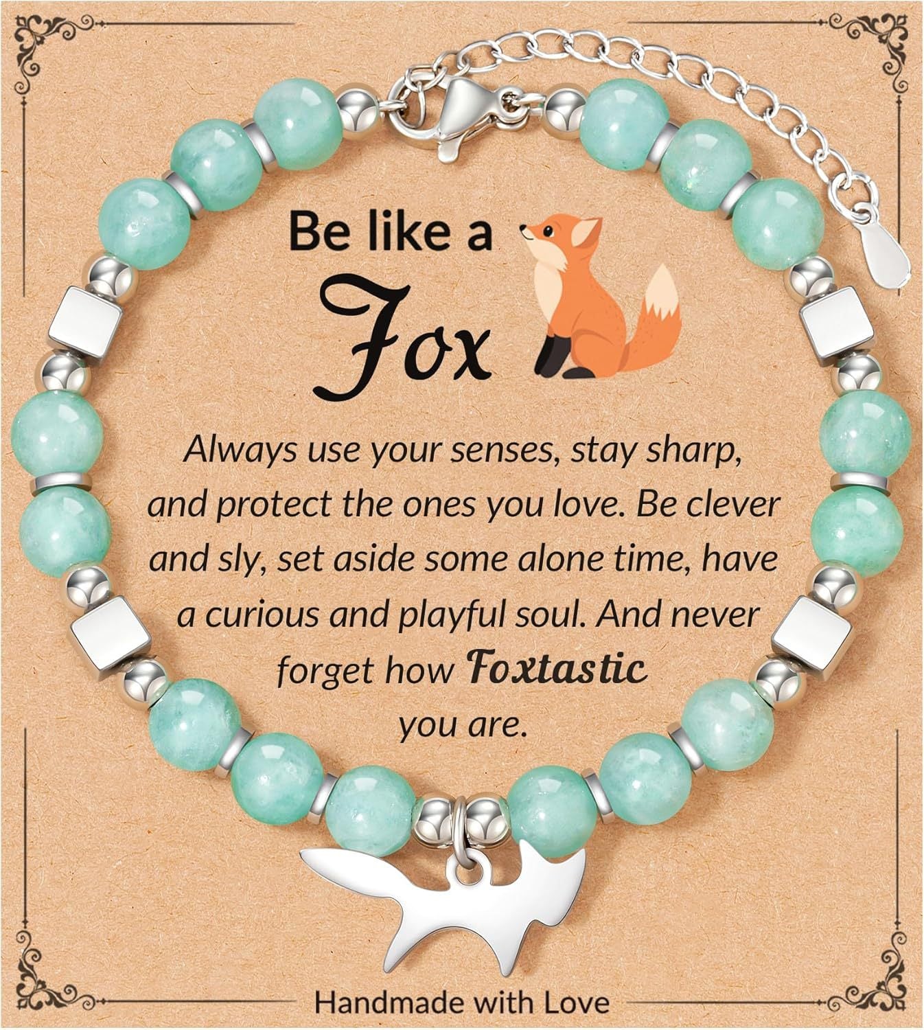 Fox Girl Charm Bracelet - Green Chrysoprase & Pink Zebra Stone Beaded Bracelet, Talisman for the Brave & Sweet