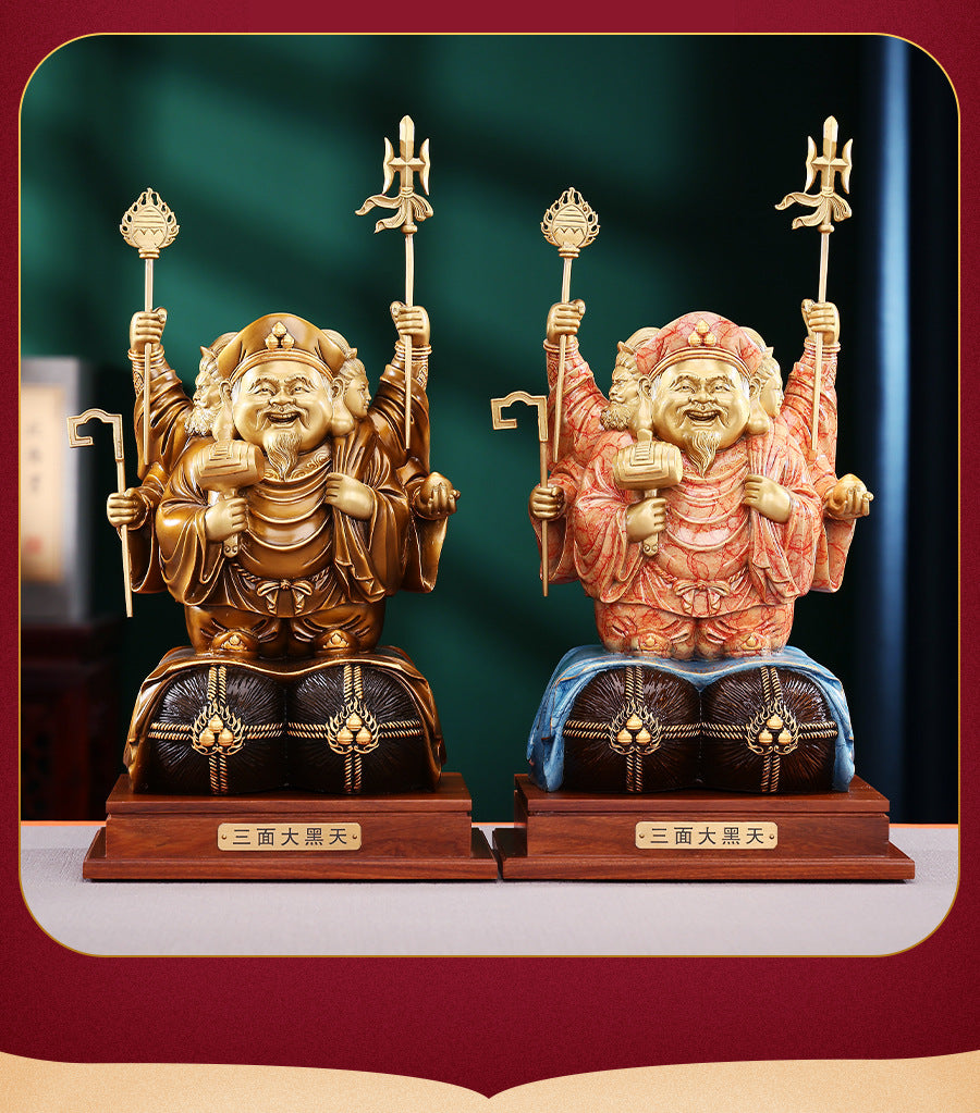 Brass Color-Cut Gold Large Three-Sided Black Heavenly God of Wealth Bronze Statue Home Decoration Craft Ornament
